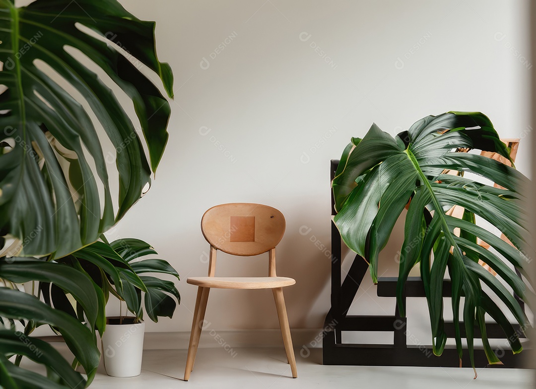 Quarto moderno com cadeira construído em tons mínimos de branco, piso moderno em carvalho