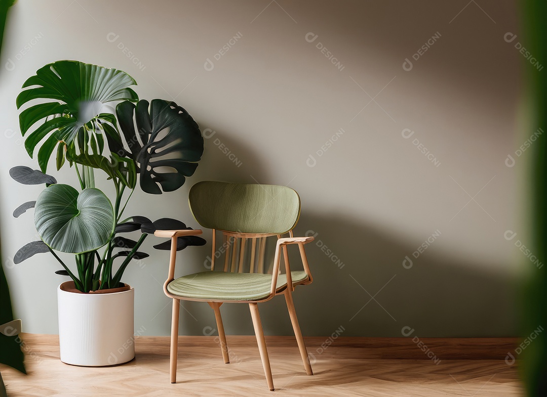 Quarto moderno com cadeira construído em tons mínimos de branco, piso moderno em carvalho