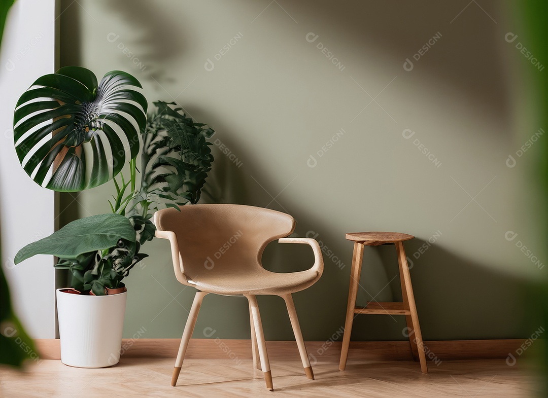 Quarto moderno com cadeira construído em tons mínimos de branco, piso moderno em carvalho