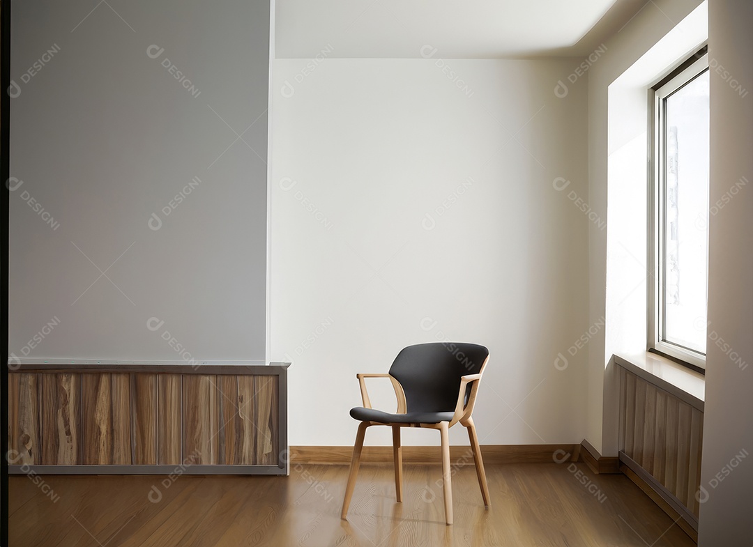 Quarto moderno com cadeira construído em tons mínimos de branco, piso moderno em carvalho