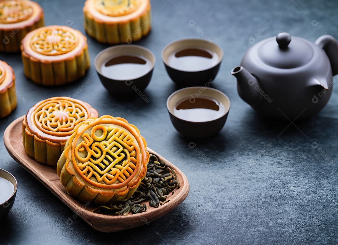 Bolos de lua no festival do meio do outono. Comida de fundo e bebida chá e Mooncakes