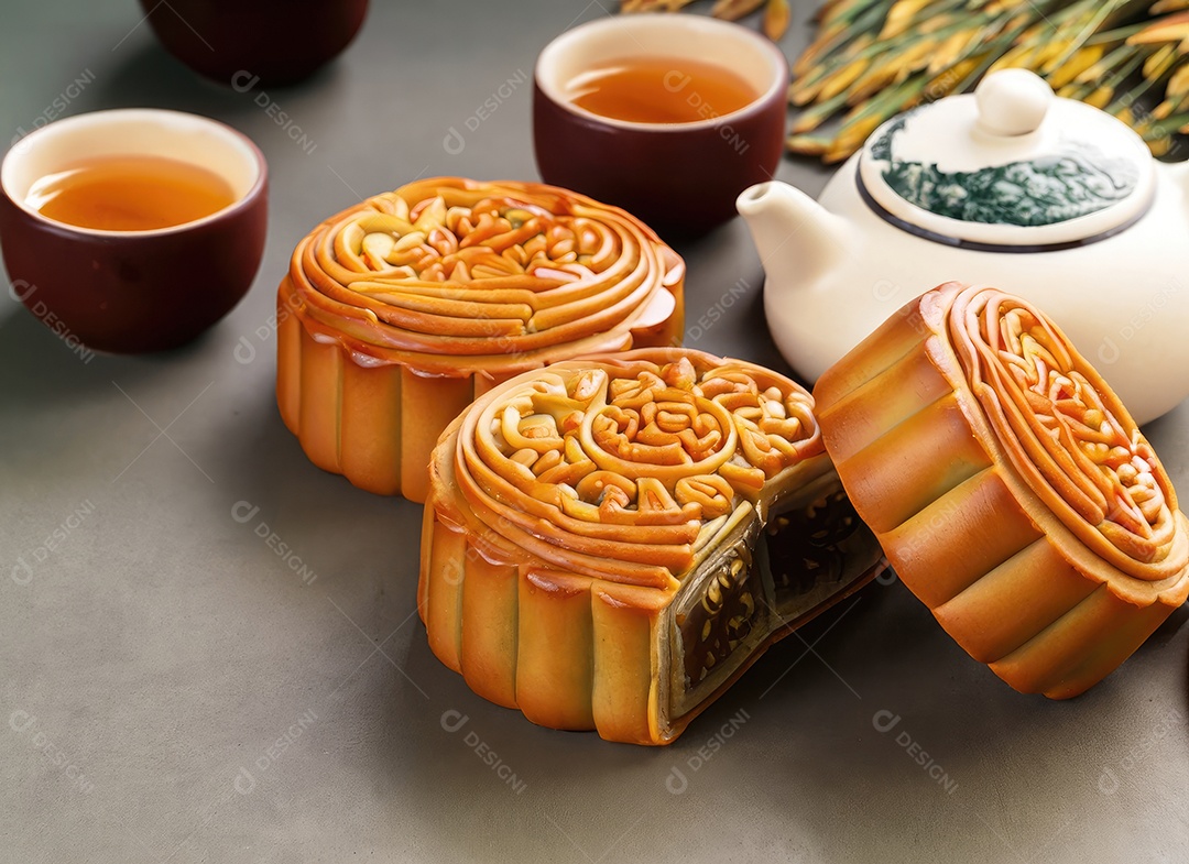 Bolos de lua no festival do meio do outono. Comida de fundo e bebida chá e Mooncakes