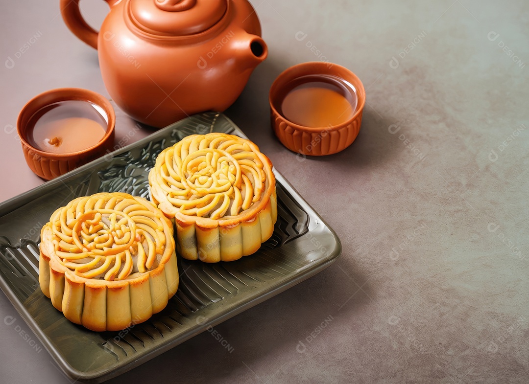 Bolos de lua no festival do meio do outono. Comida de fundo e bebida chá e Mooncakes