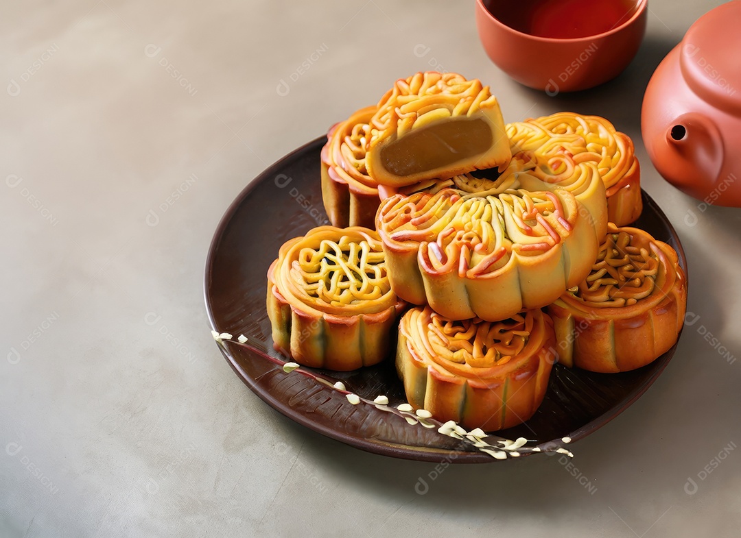 Bolos de lua no festival do meio do outono. Comida de fundo e bebida chá e Mooncakes