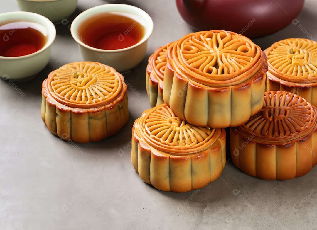Bolos de lua no festival do meio do outono. Comida de fundo e bebida chá e Mooncakes