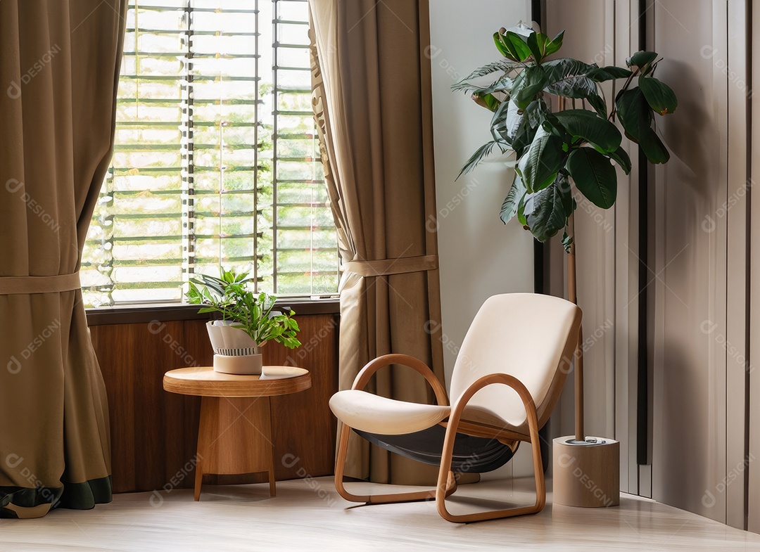 Quarto moderno com cadeira construído em um ambiente tropical mínimo, plantas, Monstera