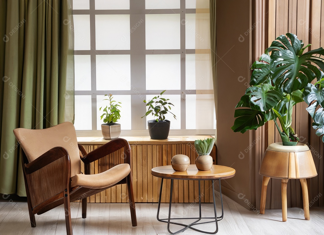 Quarto moderno com cadeira construído em um ambiente tropical mínimo, plantas, Monstera