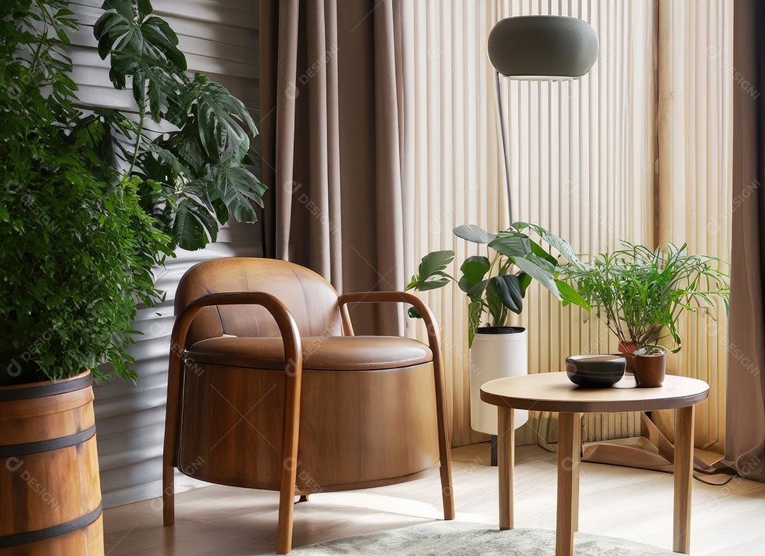 Quarto moderno com cadeira construído em um ambiente tropical mínimo, plantas, Monstera