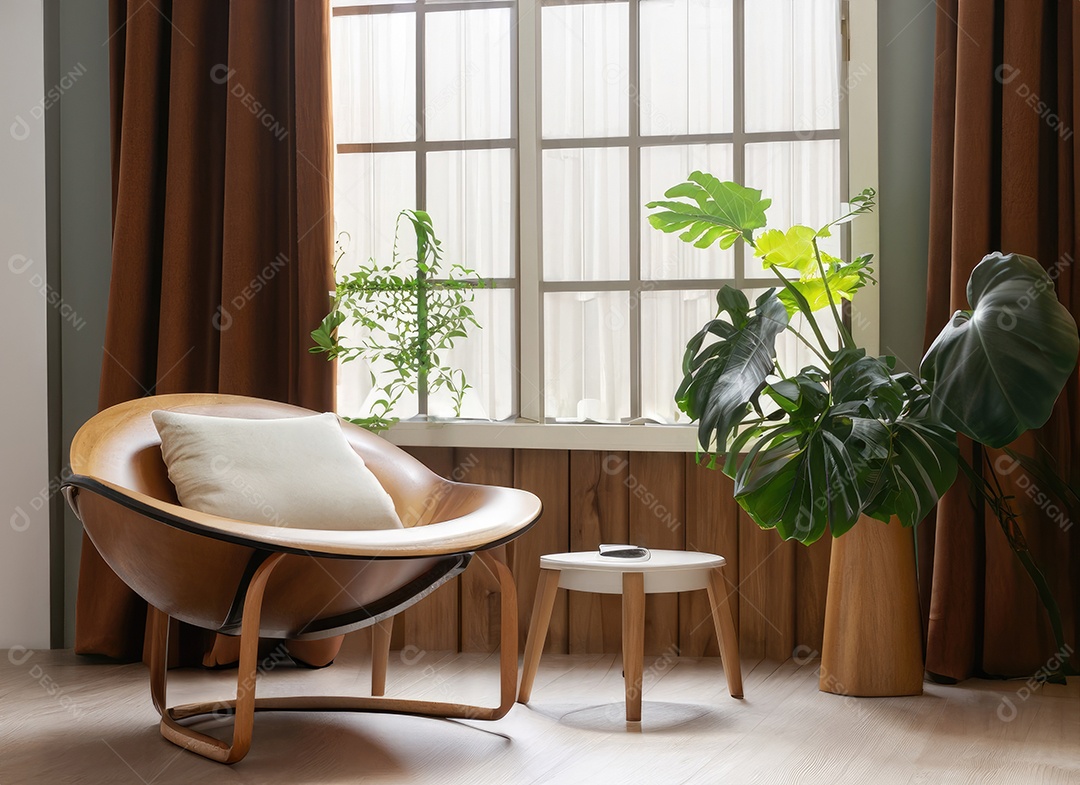 Quarto moderno com cadeira construído em um ambiente tropical mínimo, plantas, Monstera