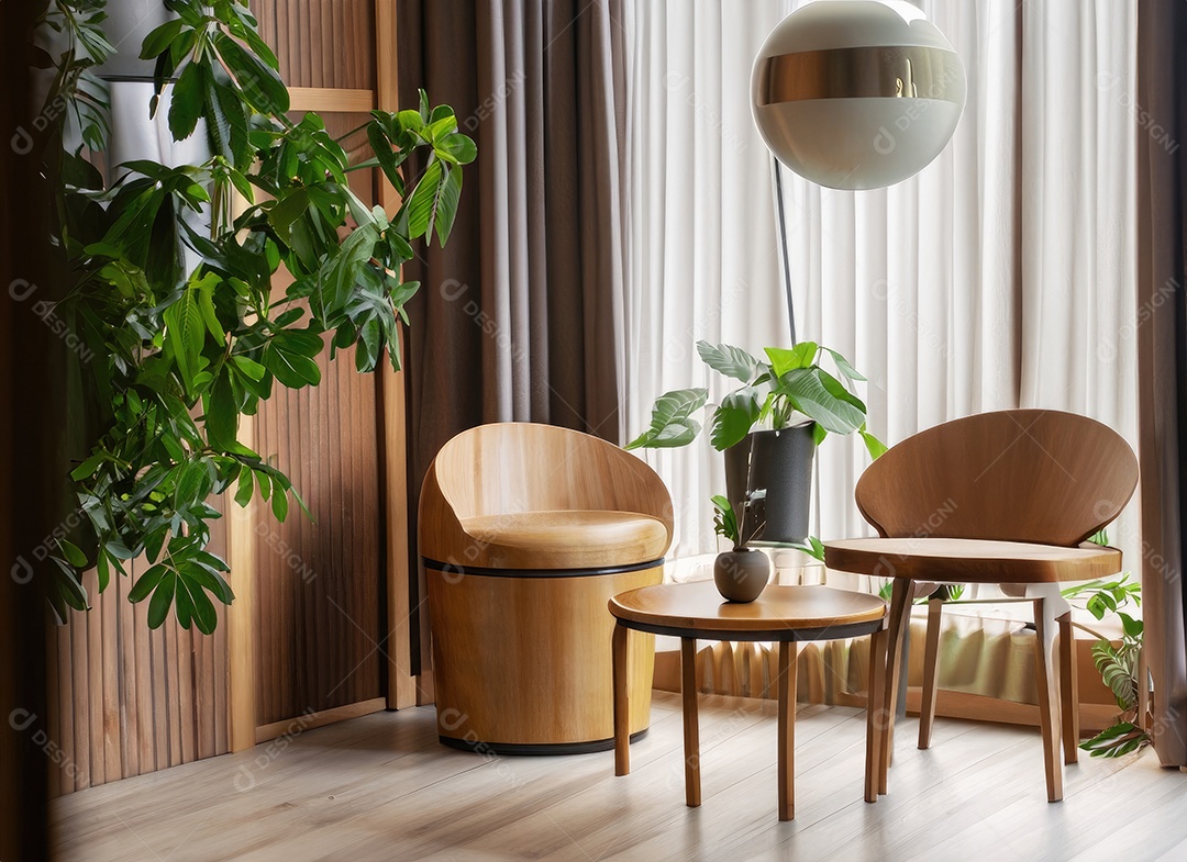 Quarto moderno com cadeira construído em um ambiente tropical mínimo, plantas, Monstera