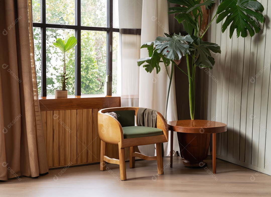 Quarto moderno com cadeira construído em um ambiente tropical mínimo, plantas, Monstera