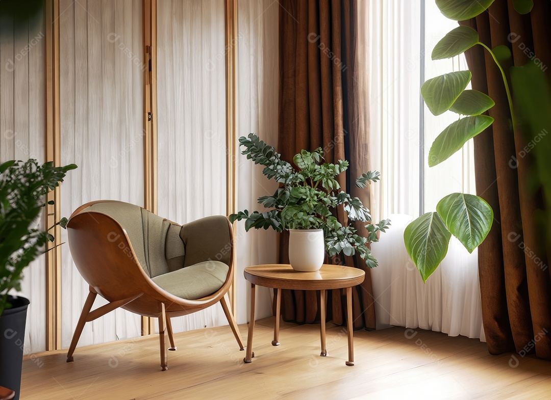 Quarto moderno com cadeira construído em um ambiente tropical mínimo, plantas, Monstera