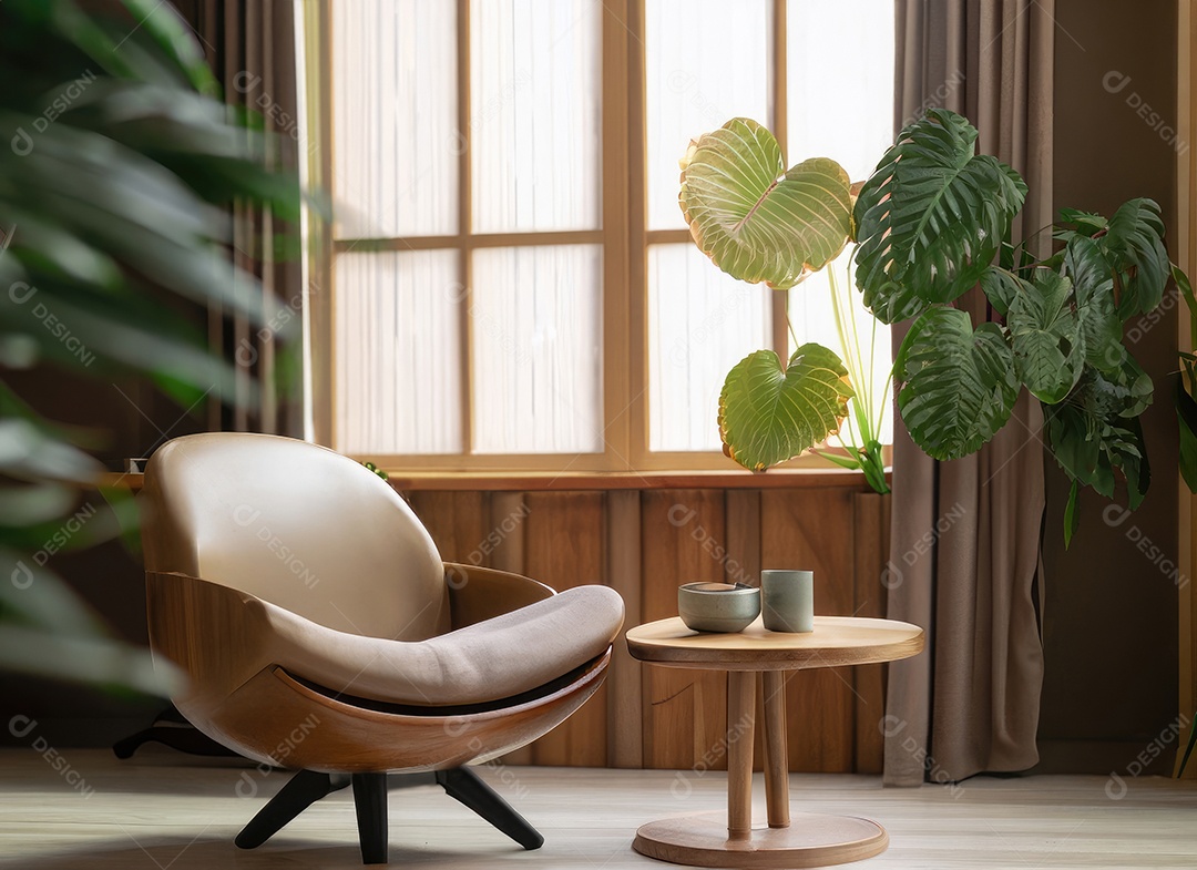 Quarto moderno com cadeira construído em um ambiente tropical mínimo, plantas, Monstera