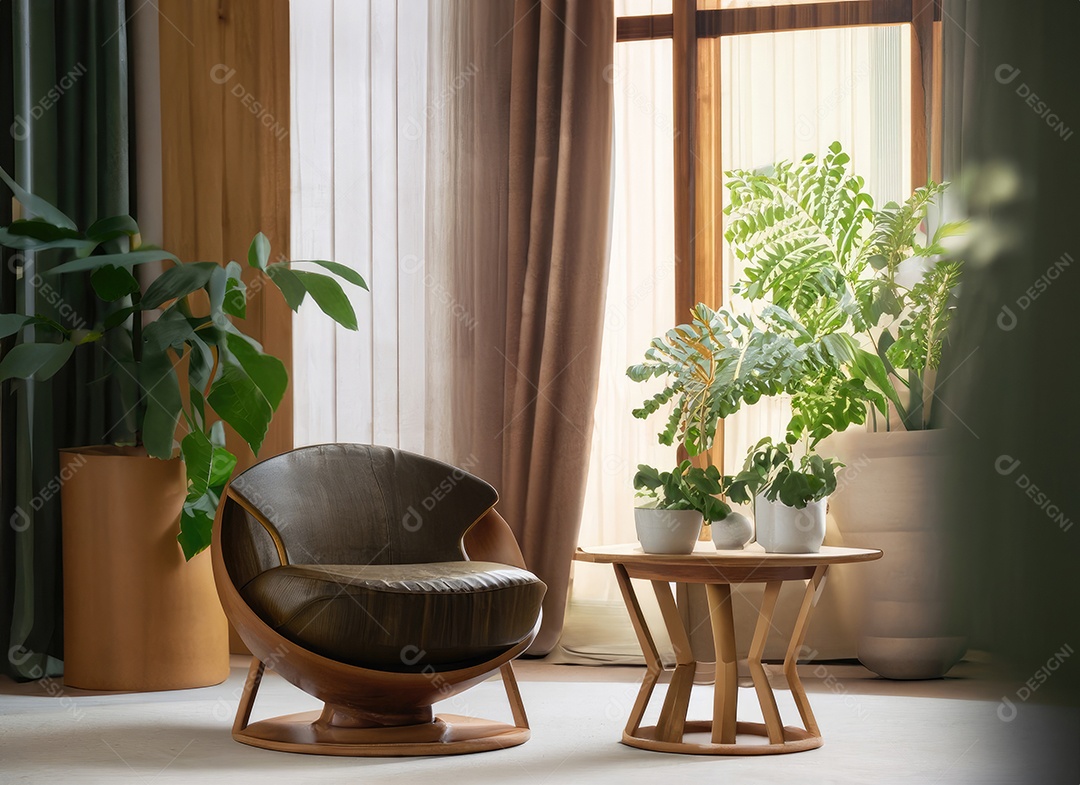 Quarto moderno com cadeira construído em um ambiente tropical mínimo, plantas, Monstera