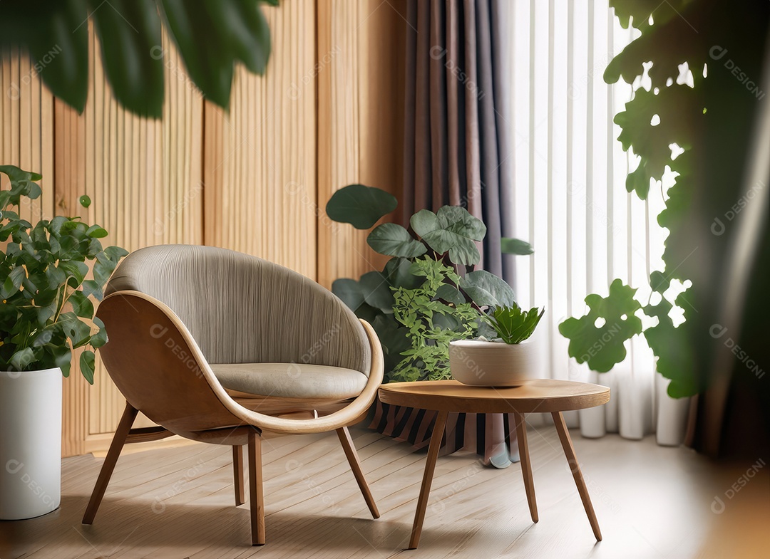 Quarto moderno com cadeira construído em um ambiente tropical mínimo, plantas, Monstera