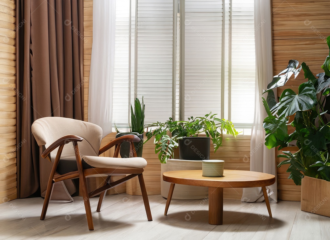 Quarto moderno com cadeira construído em um ambiente tropical mínimo, plantas, Monstera