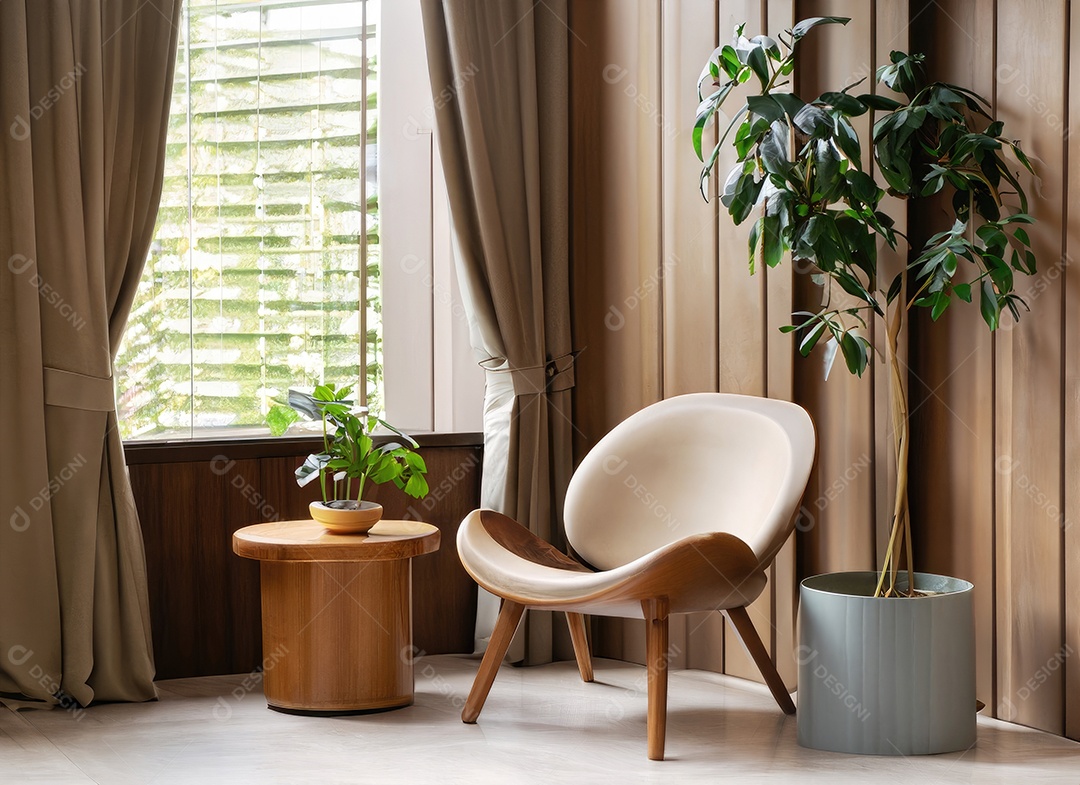 Quarto moderno com cadeira construído em um ambiente tropical mínimo, plantas, Monstera