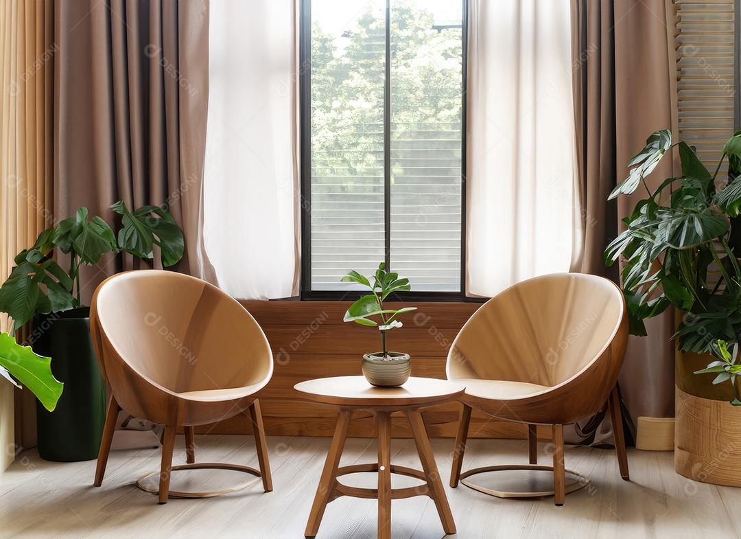 Quarto moderno com cadeira construído em um ambiente tropical mínimo, plantas, Monstera