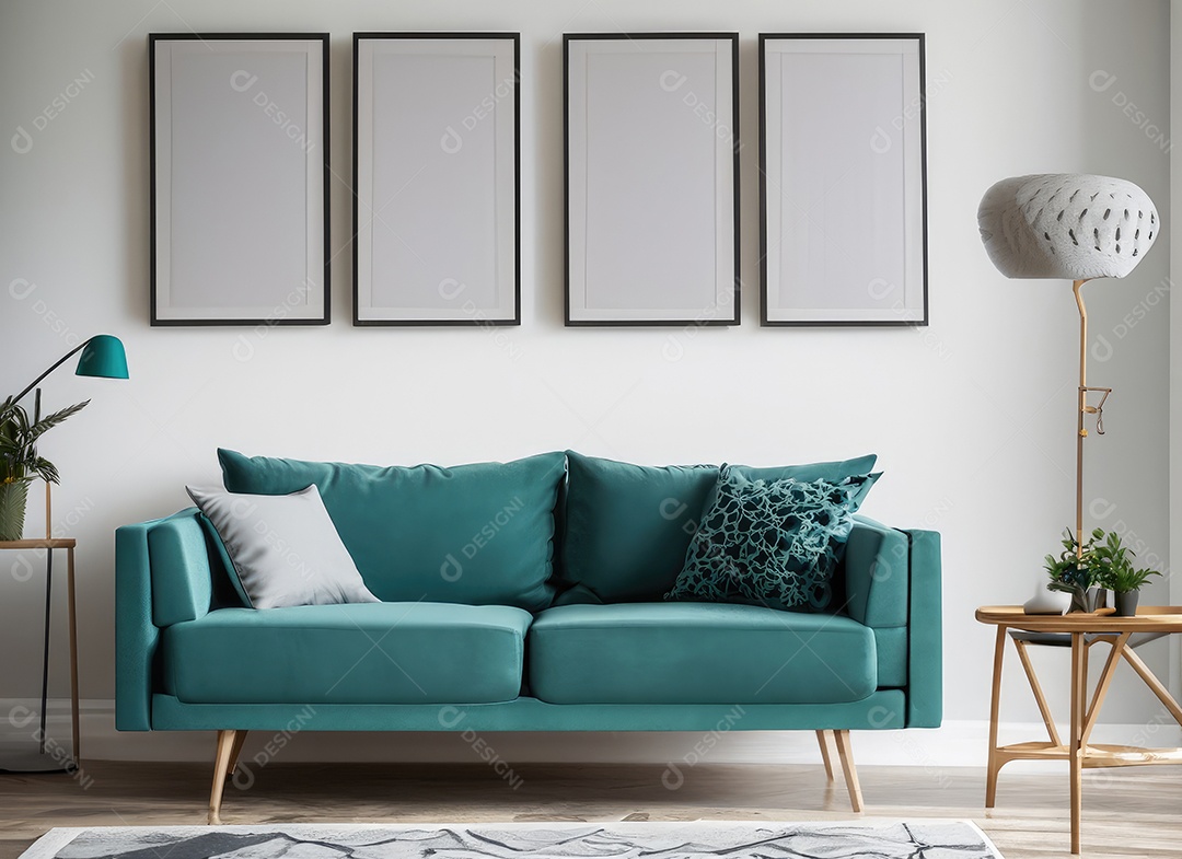 Sofá azul-petróleo e poltrona contra