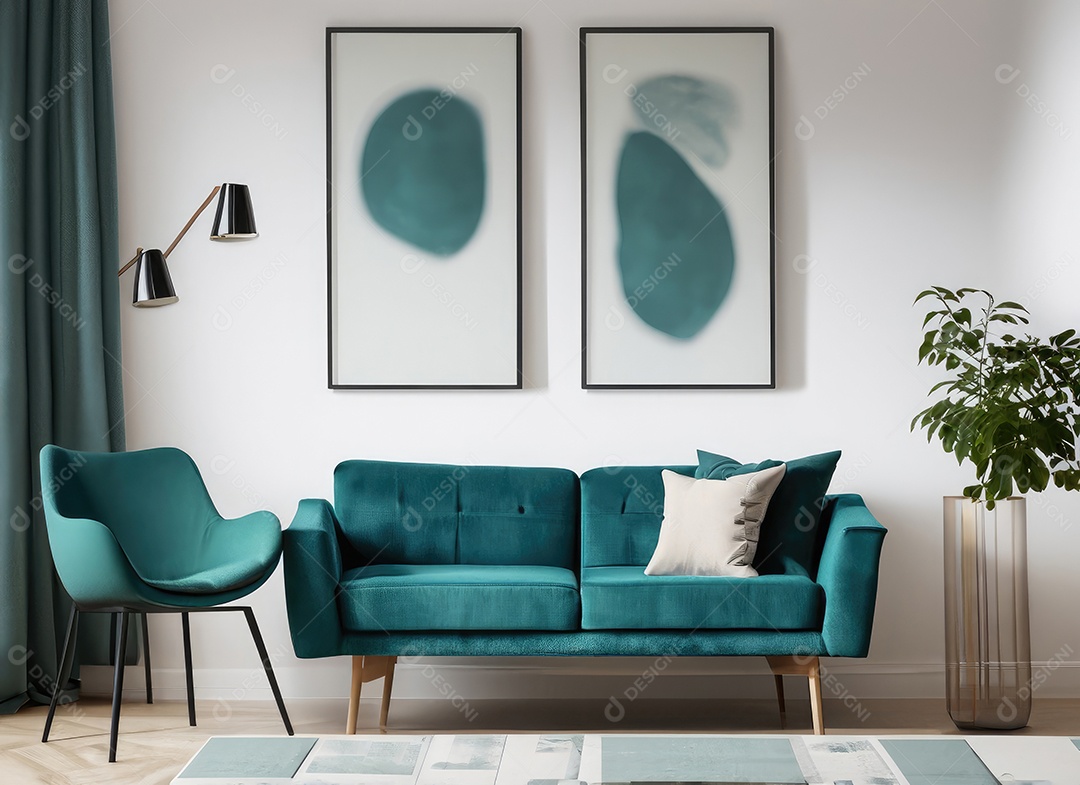 Sofá azul-petróleo e poltrona contra