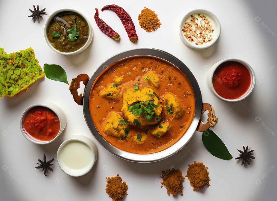 Vista superior de comida indiana com especiarias em fundo branco