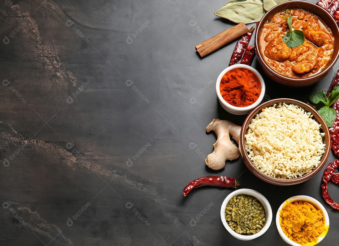 Vista superior de comida indiana com especiarias