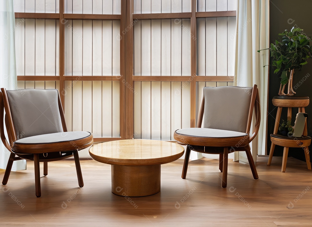 Duas cadeiras cilíndricas e mesa de centro redonda de madeira contra a janela perto do painel