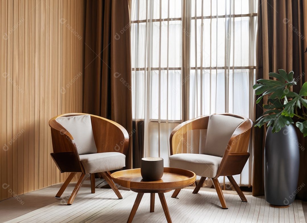 Duas cadeiras cilíndricas e mesa de centro redonda de madeira contra a janela perto do painel