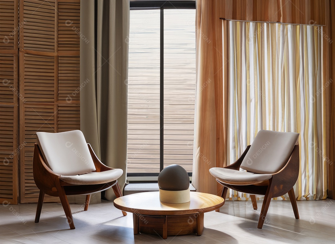 Duas cadeiras cilíndricas e mesa de centro redonda de madeira contra a janela perto do painel