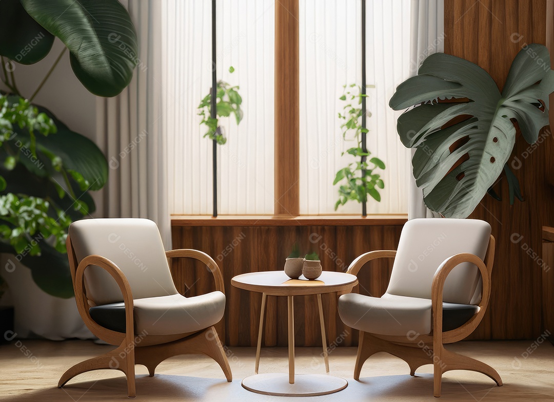 Duas cadeiras cilíndricas e mesa de centro redonda de madeira contra a janela perto do painel