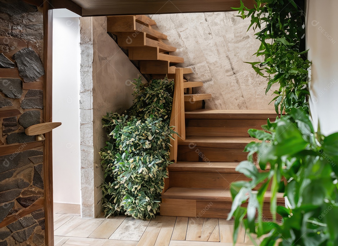 Escadaria de madeira e pedra