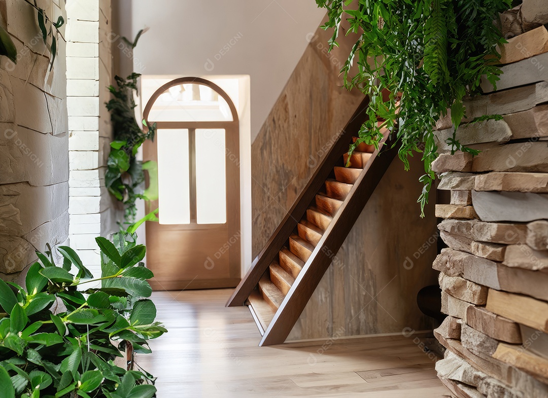 Escadaria de madeira e pedra