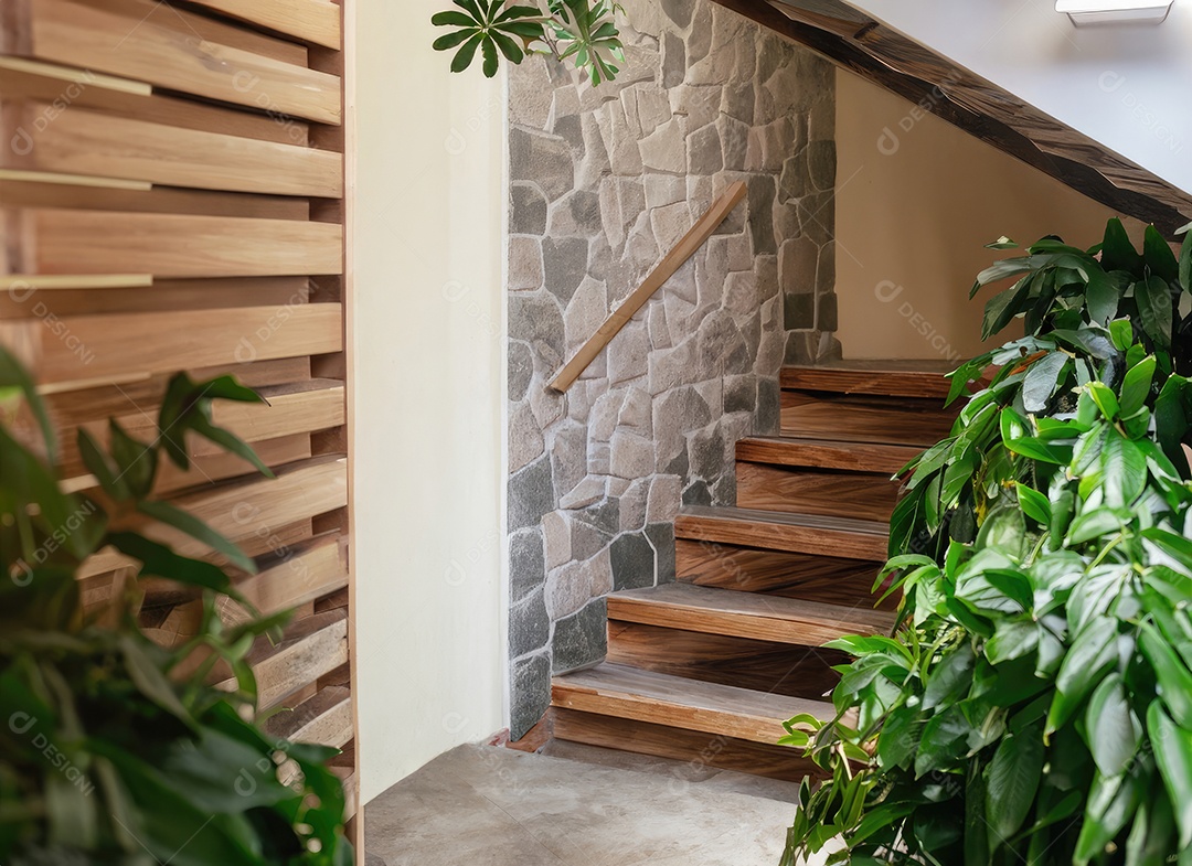 Escadaria de madeira e pedra