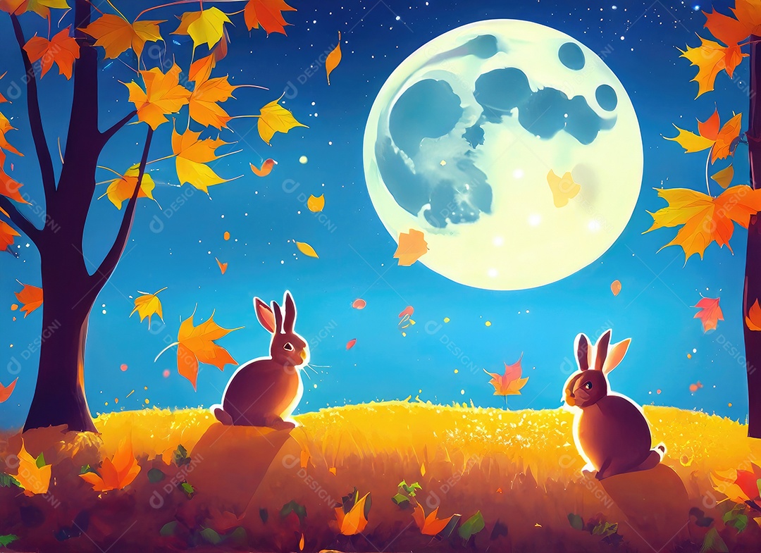 Fundo de saudação do festival de outono. coelhos fofos, cenário de lua na floresta noturna.