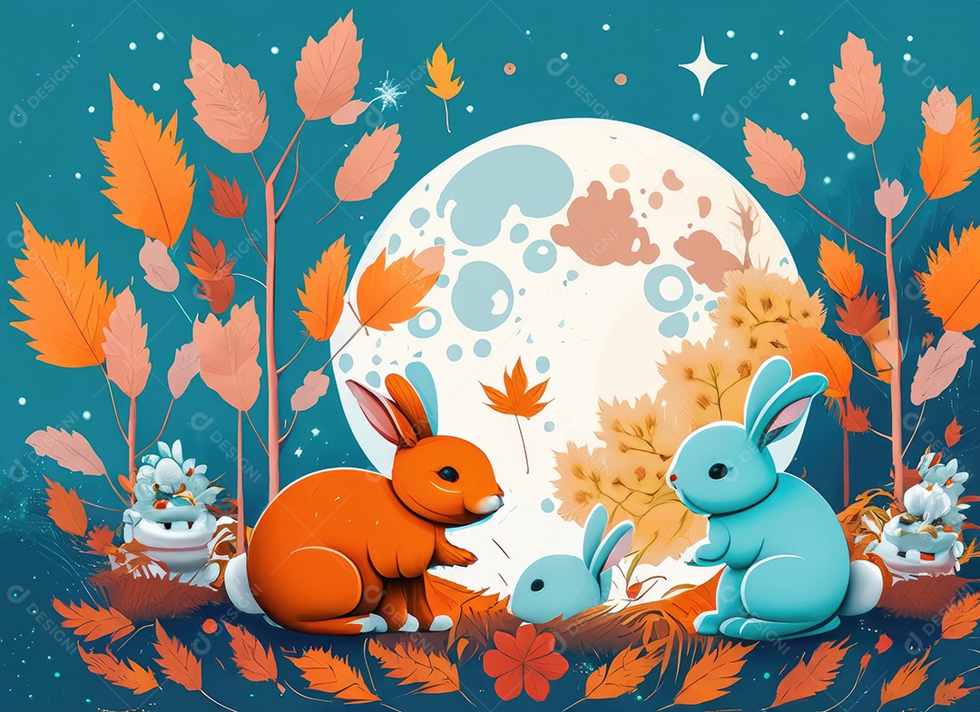 Fundo de saudação do festival de outono. coelhos fofos, cenário de lua na floresta noturna.