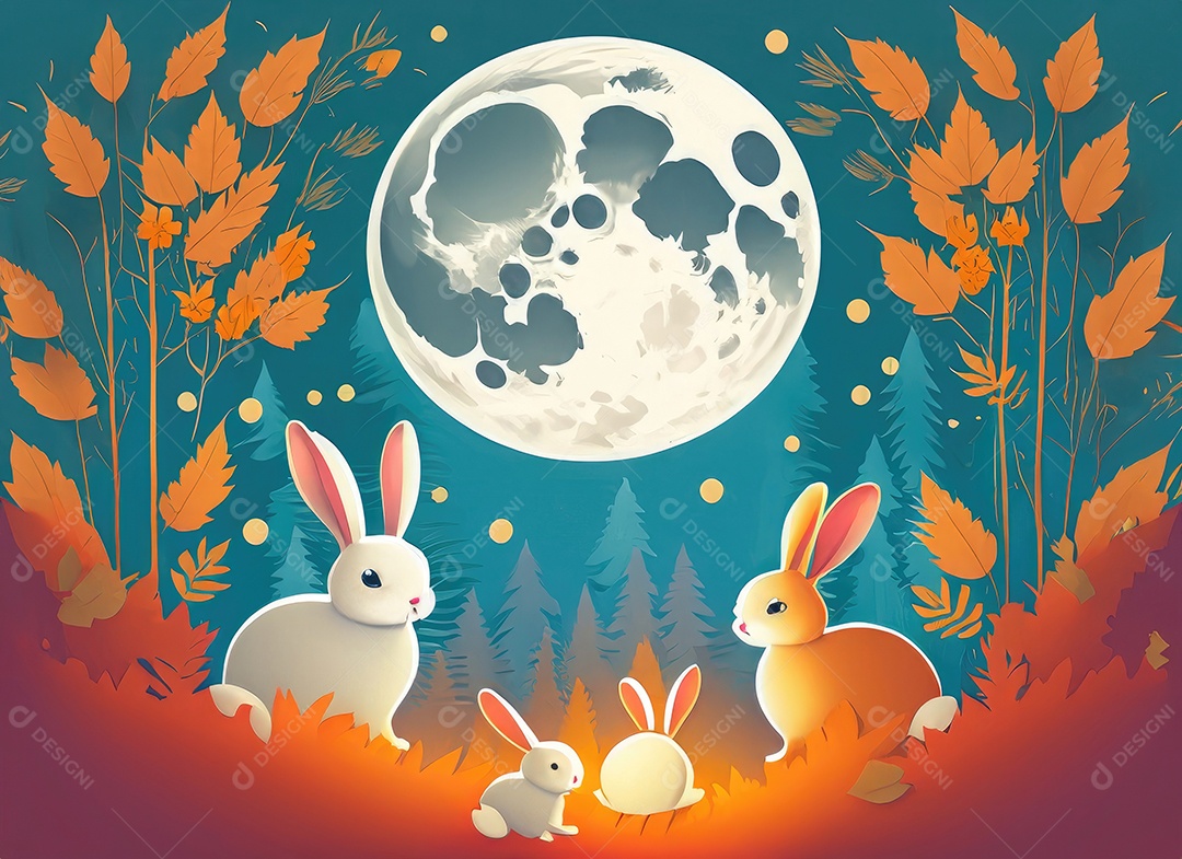 Fundo de saudação do festival de outono. coelhos fofos, cenário de lua na floresta noturna.