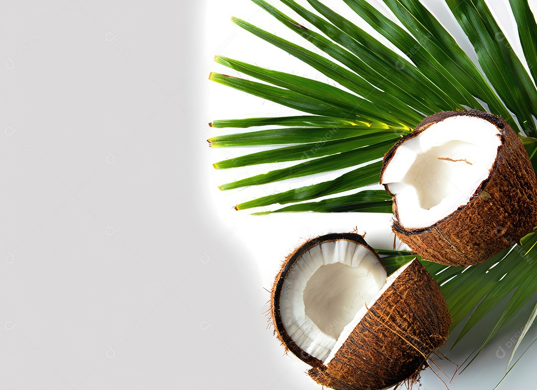 Coco e folha com espaço de cópia para texto em branco