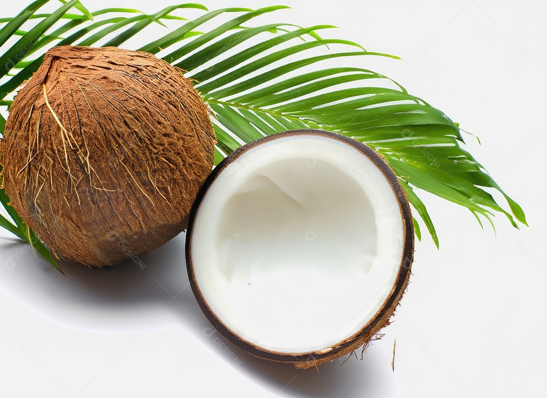 Coco e folha com espaço de cópia para texto em branco