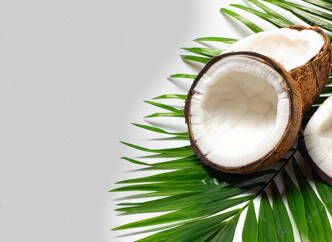 Coco e folha com espaço de cópia para texto em branco