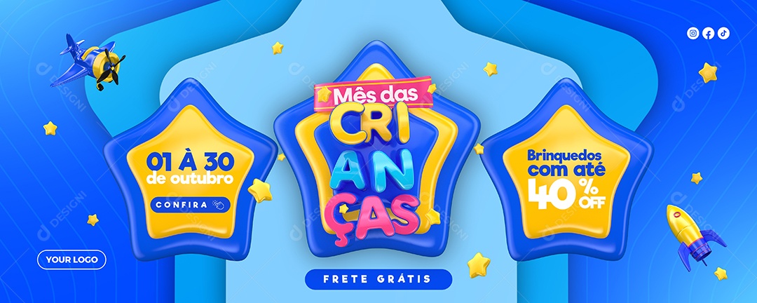 Social Media Banner Mês Das Crianças Brinquedos PSD Editável