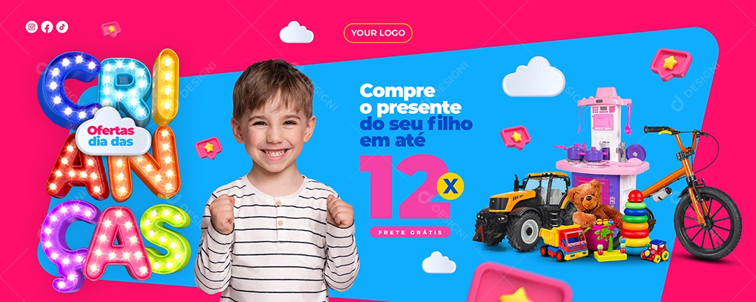 Social Media Banner Ofertas Dia Das Crianças Compre o Presente PSD Editável