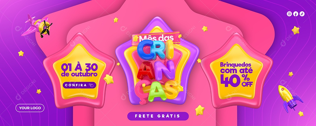 Social Media Banner Mês Das Crianças Brinquedos Com 40% PSD Editável