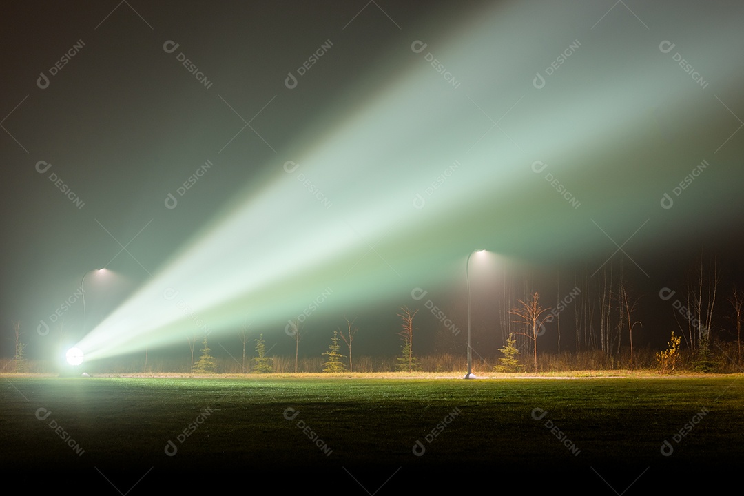 Projetor de luz de fundo no parque noturno nevoento