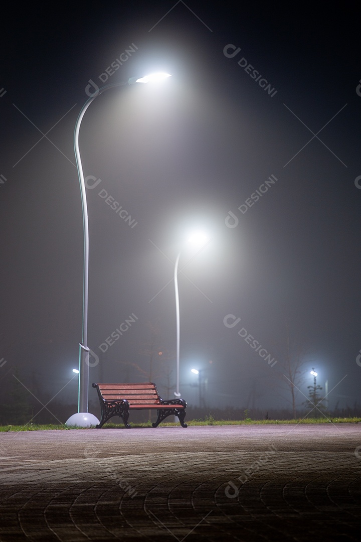 Banco no parque noturno enevoado