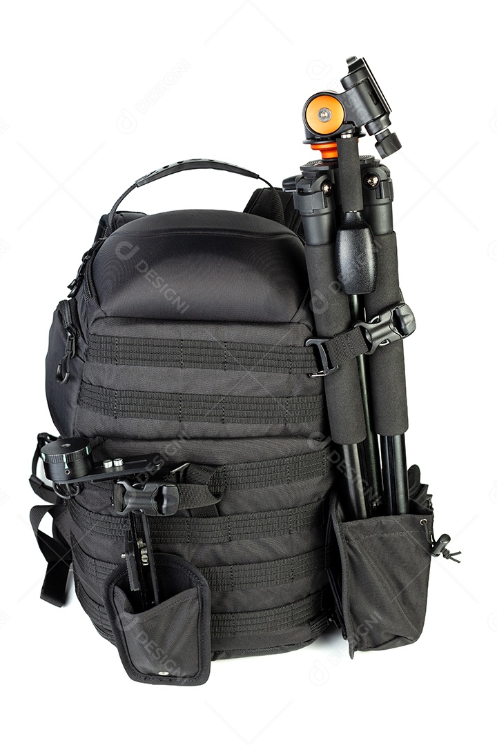 Mochila fotográfica com tripé e panohead