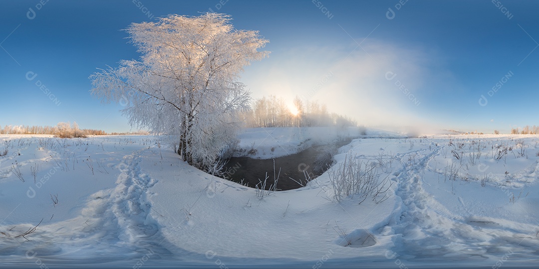 Panorama esférico de nevoeiro matinal de inverno