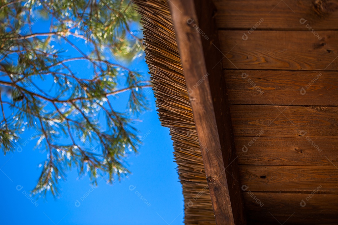 Telhado de palha de madeira com foco seletivo