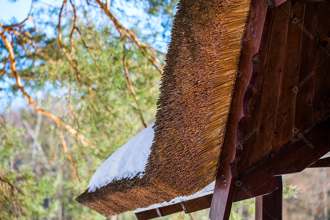 Telhado de palha de madeira com foco seletivo