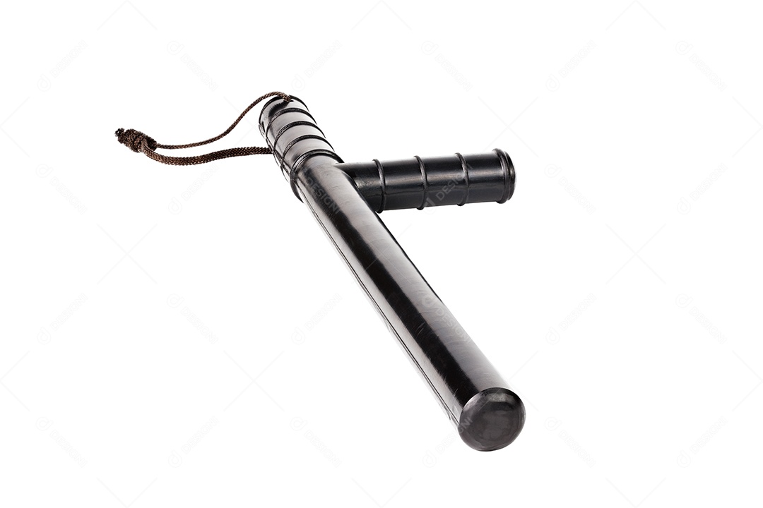 Bastão policial de borracha clássico preto com cordão isolado em fundo branco. Vista diagonal isométrica. Sem sombra.