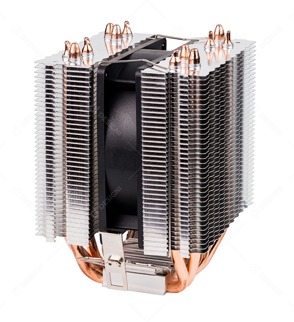 Vista frontal do cooler de CPU tipo torre noname chinês com seis heatpipes isolados